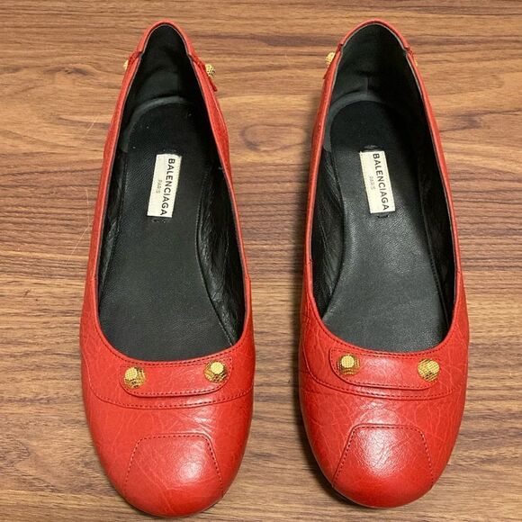 Balenciaga Red Distressed Leather Stud Ballet Flats. Size 37.